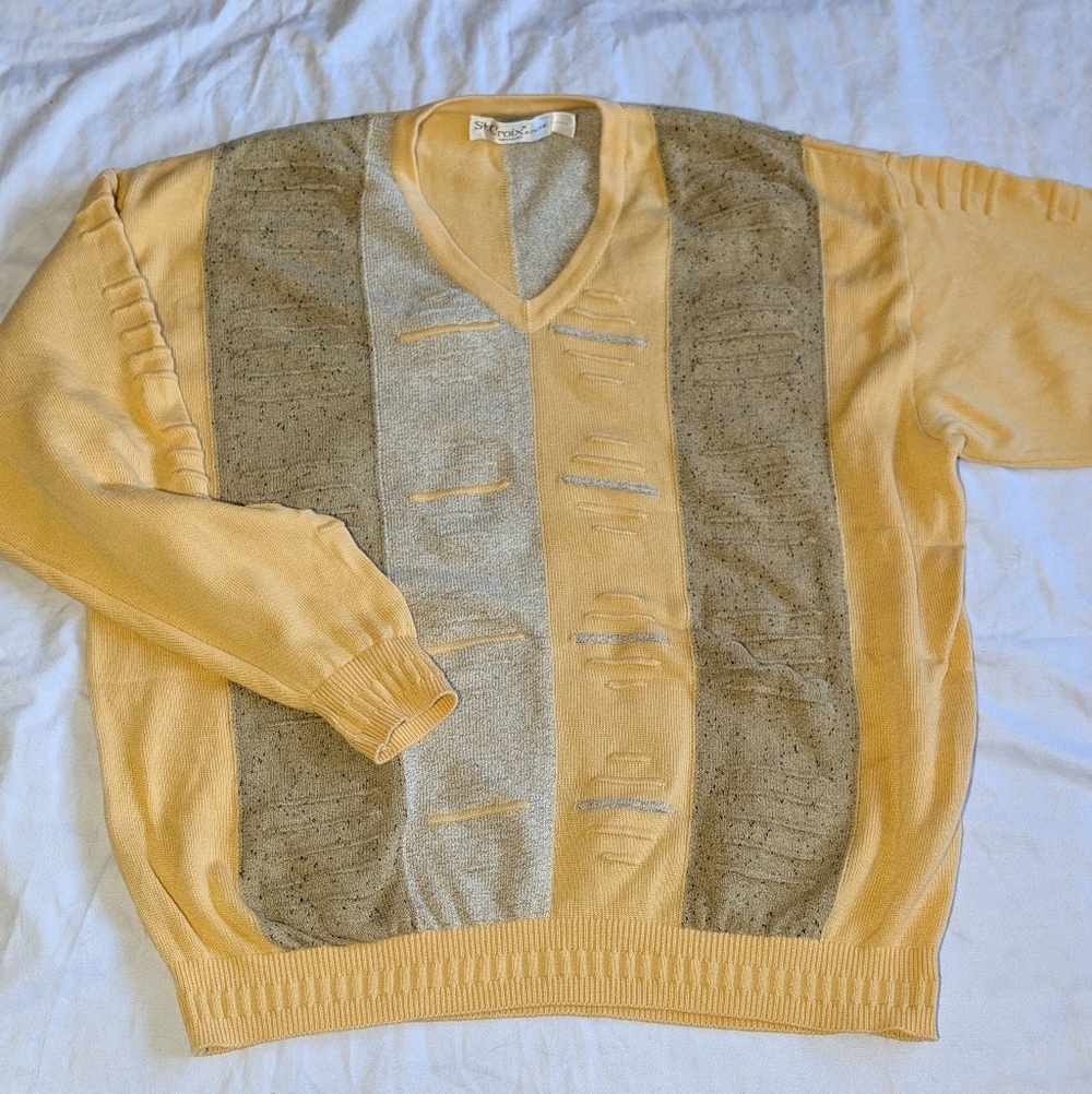 St. Croix Knits Sweater Size Medium High V Neck Vintage Retro Grandpa Textured